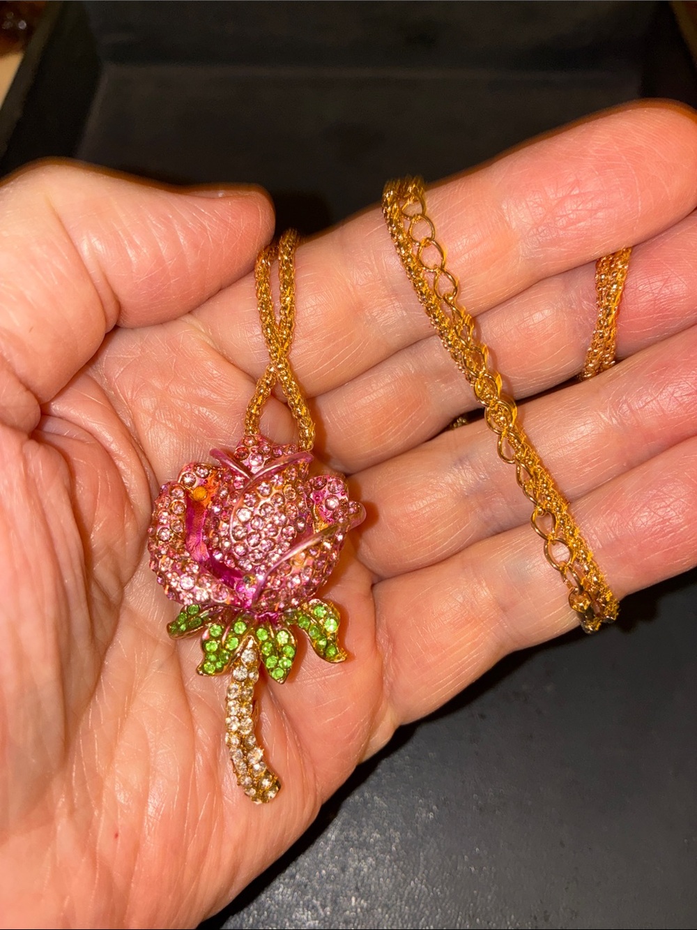 Pink Rose Pendant/Brooch Necklace With Green Crystals On The Leaves